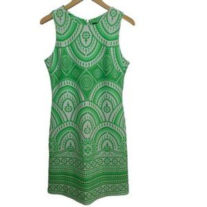 Just Taylor Size 8 Sheath Dress Sleeveless Neon Green Geometric Print 70's Style